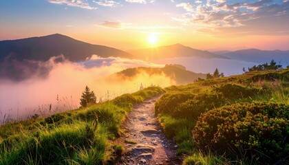 Obraz premium A scenic view of a hiking trail winding through a mountain landscape at sunrise, with clouds and a beautiful sky.