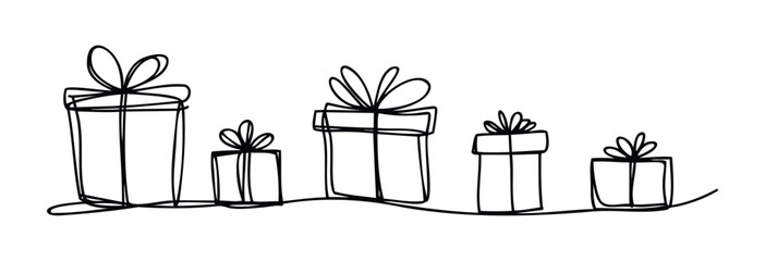 Group of five different sized gift boxes with bows depicted in a continuous line drawing style for festive celebrations and special occasions, perfect for holiday greetings and event