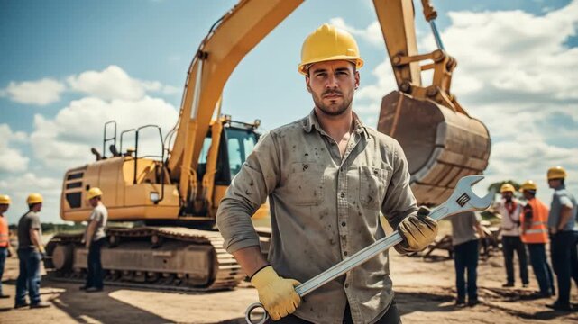 Construction worker man in hard hat holds wrench standing on job site with excavator and crew footage.