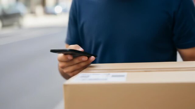 Delivery man scanning shipping label on a cardboard box using a mobile phone outdoors on a street, logistics service footage.