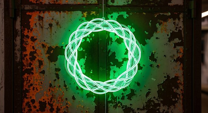 Intricate neon green portal glows against a textured rusted metal background - Powered by Adobe