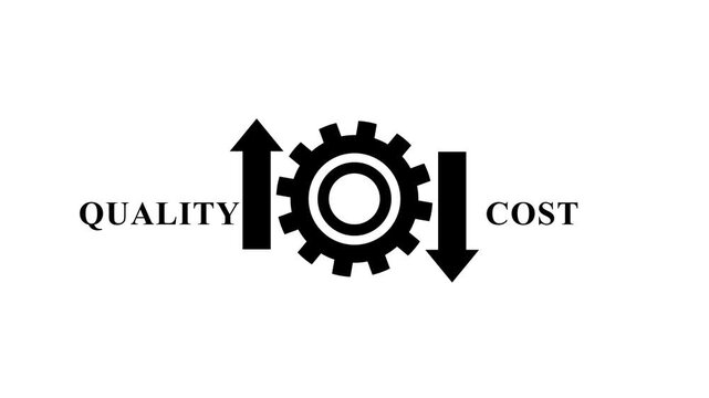 Quality improvement and cost reduction animation, white gear mechanism with upward arrow for quality and downward arrow for cost, business efficiency concept on white background