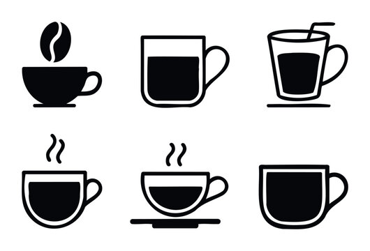 Set of six black coffee cup icons with different styles including bean, steam, straw, and saucer for beverage related concepts.