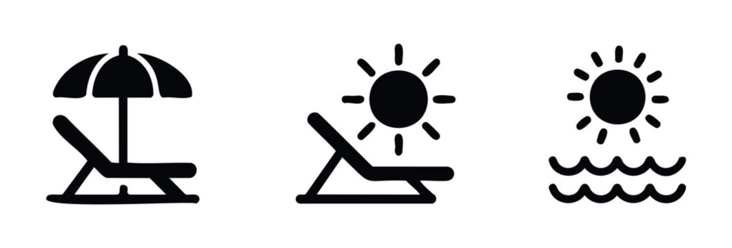 Collection of summer vacation icons featuring a beach chair under an umbrella, a lounge chair with sun, and sun over ocean waves for travel promotion and relaxation themes.