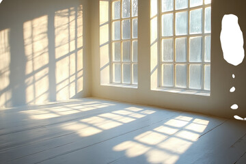 Minimalist room bathed in warm sunlight shadows dance on white wooden floor Abstract decor Zen space