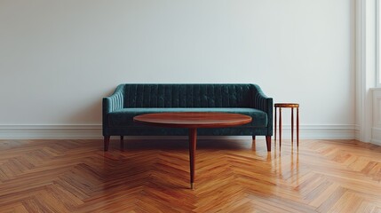 Minimalist interior room showcases deep teal velvet seating with wooden accent tables and parquet flooring