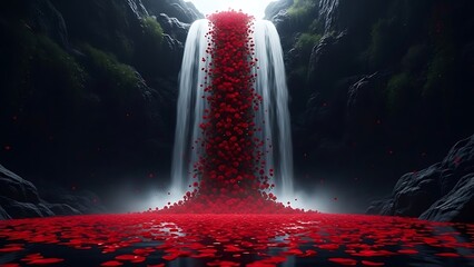 Red Rose Petal Waterfall Fantasy Scene in Dark Nature Landscape