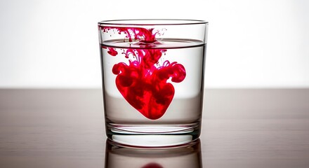 Vibrant red ink dissolving into clear water inside a tall glass creating a heart shape