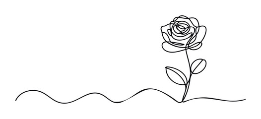 Minimalist single line drawing of a blooming rose with leaves on a wavy ground representing growth and nature for organic or floral themes.