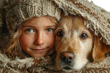 Childhood warmth girl dog portrait friendship love family connection snuggle cozy knitwear home