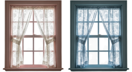 Two broken windows with tattered curtains transparent background cutout png