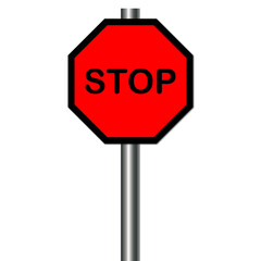 Red octagonal stop sign on a metal pole isolated on transparent background