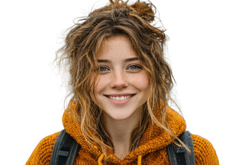 Warm Smile Youthful Glow Portrait of a Freckled Beauty with Natural Light Happy Blue Eyes Knitted