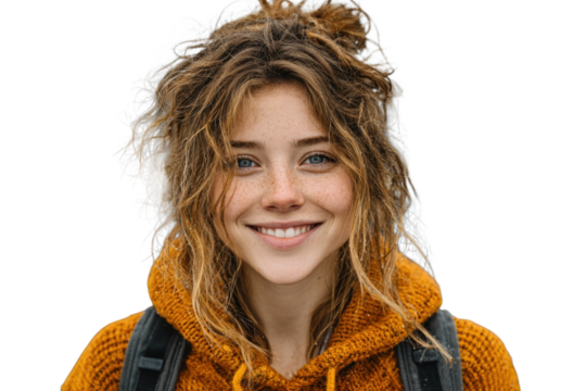 Warm Smile Youthful Glow Portrait of a Freckled Beauty with Natural Light Happy Blue Eyes Knitted