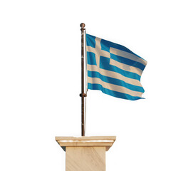 Greek flag waving on flagpole over marble pillar, isolated on transparent background