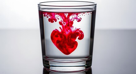 Red ink dissolving in a clear glass of water creating a heart shape