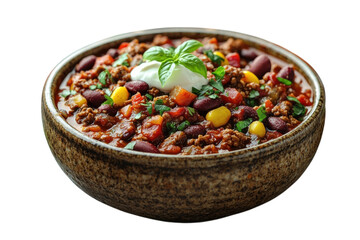 Hearty chili delight Warm comfort food with beef beans and spice Served with sour cream fresh basil