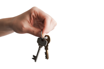 hand holding keys isolated on white background.