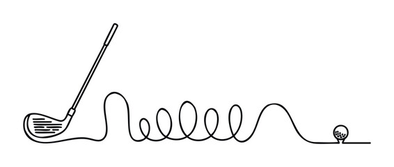Continuous line drawing of a golf club and ball in motion, perfect for sports media, event promotion, or website graphics conveying activity and leisure.