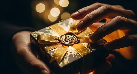 Hands carefully holding a small, wrapped gift box with a gold ribbon and seal, illuminated by soft bokeh lights.