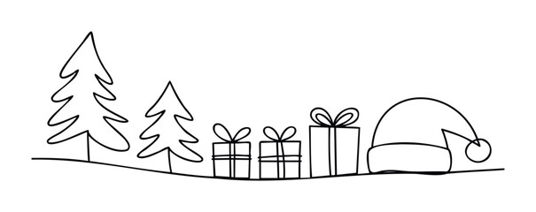 Festive outline drawing of Christmas trees gifts and Santa hat arranged on a gentle slope suitable for holiday season branding and festive greetings