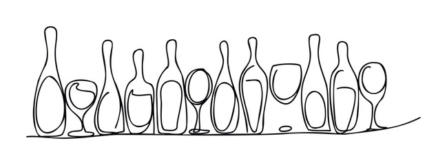 A minimalist black and white line drawing featuring a collection of bottles and glasses arranged on a shelf, perfect for use in beverage marketing or editorial content.