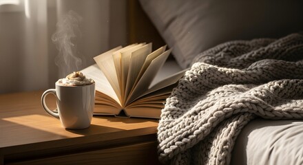 Cozy scene with a steaming mug of coffee next to an open book on a bedside table, with a textured blanket on the bed.