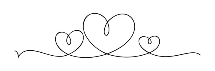 Abstract linear continuous drawing of three intertwined hearts representing love and connection, perfect for romantic themes and graphic decoration applications.
