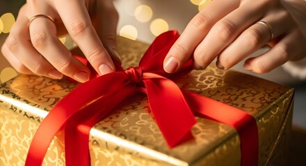 Hands tying a red ribbon on a gold gift box, festive and bright.