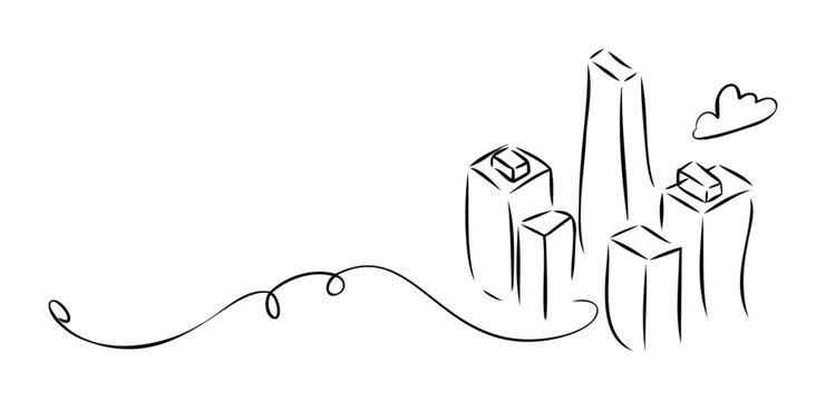 Abstract sketch of modern city skyscrapers and a whimsical cloud, perfect for urban development concepts or minimalist architectural themes with a playful touch.