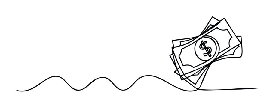 Minimalist continuous line drawing of stacked dollar bills with a flowing wave underneath, ideal for financial services and economic concepts
