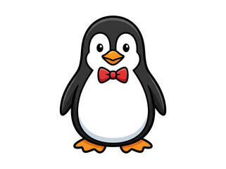 Fototapeta premium Cute cartoon penguin wearing a red bow tie standing against a transparent background
