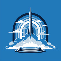 Blue Vector Rocket Launch Illustration. Startup, innovation, and success concept with space shuttle taking off.