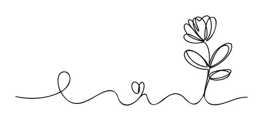 Minimalist black line art of a delicate flower stem with leaves and a looping tendril ending in a heart shape, perfect for organic branding or feminine invitations