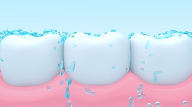 Fresh blue mouthwash flow and splash to clean and makes them white and shining, Oral care concept, 3D animation.
