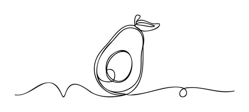 Minimalist single line drawing of a halved avocado with pit and stem, perfect for healthy food promotion and organic product marketing materials