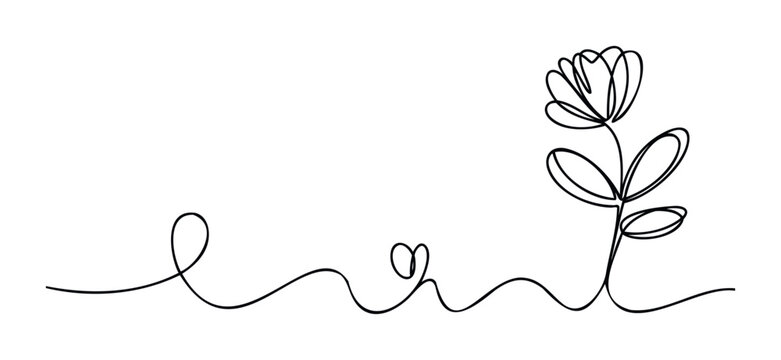 Minimalist black line art of a delicate flower stem with leaves and a looping tendril ending in a heart shape, perfect for organic branding or feminine invitations