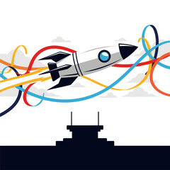 Startup rocket launch with dynamic colorful trails and clouds, symbolizing innovation and growth