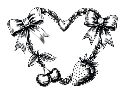 Vintage heart wreath with bows, cherries, strawberry and floral accents, perfect for love themed invitations, greeting cards or romantic event decor