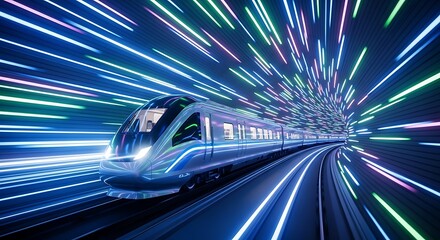 Futuristic high speed train traveling through a vibrant illuminated tunnel of light streaks