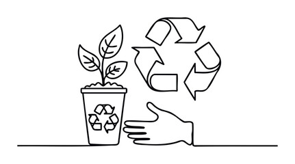 A single line drawing of a potted plant with recycling symbol and a helping hand representing environmental care and sustainability for ecological concepts.