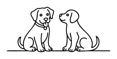Two adorable line art puppies sitting together looking friendly and happy, perfect for pet care, veterinary services, or animal adoption campaigns.