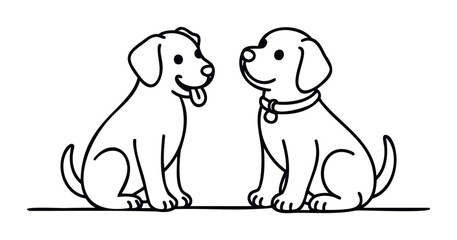 Two happy puppies sitting together looking at each other in a friendly interaction, perfect for pet care services, animal adoption campaigns, or childrens book themes.
