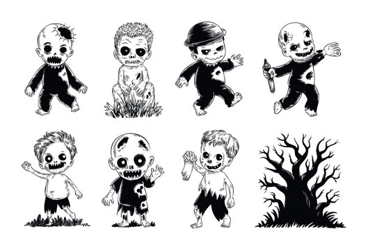 Creepy little zombie kids in various poses and outfits, perfect for Halloween decorations and spooky party invitations. - Powered by Adobe