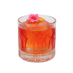 A beautifully crafted cocktail garnished with a flower and citrus slice, inviting a taste