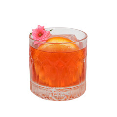 An elegant cocktail, a blend of flavors, adorned with citrus and a flower