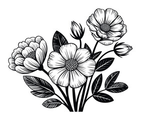 Obraz premium Monochromatic bouquet of blooming flowers and buds with leaves, presented in a linocut style for sophisticated applications in branding, editorial content, and decorative projects.