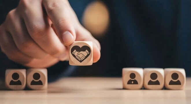 Empathy leadership block. Leader lifting empathy block above aligned staff icons to promote trust, clarity, and emotionally aware decision-making (leadership, EQ).
