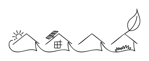 Simple line drawings depict eco friendly homes with sun, solar panel, and leaf symbols for renewable energy concepts and sustainable living ideas.