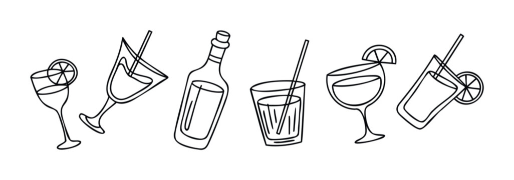 A collection of simple line drawings featuring alcoholic drinks and beverages in glasses and a bottle, perfect for menu, invitations, or website graphics for a celebratory event.